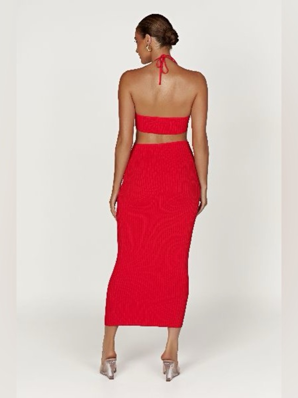 Meshki Red Ribbed Morgan Halter-Back Maxi Dress - Picture 3 of 9